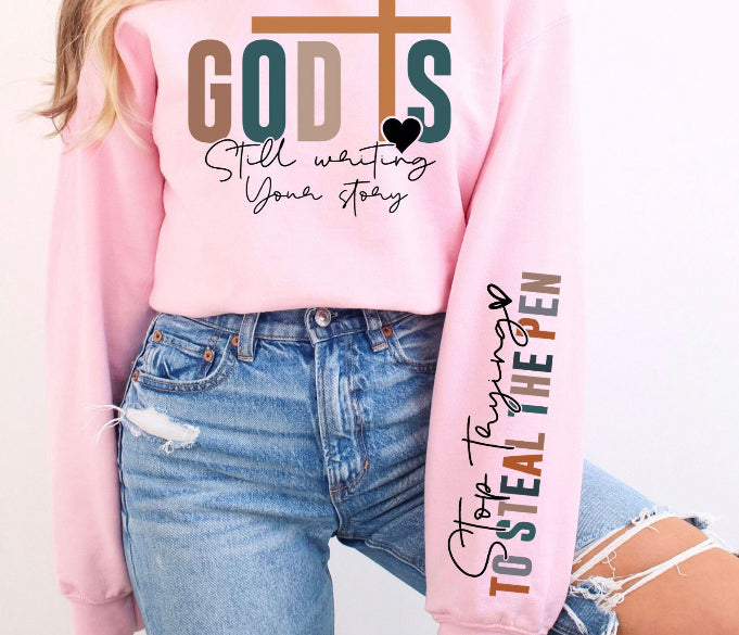 God is still writing with sleeve DTF transfers