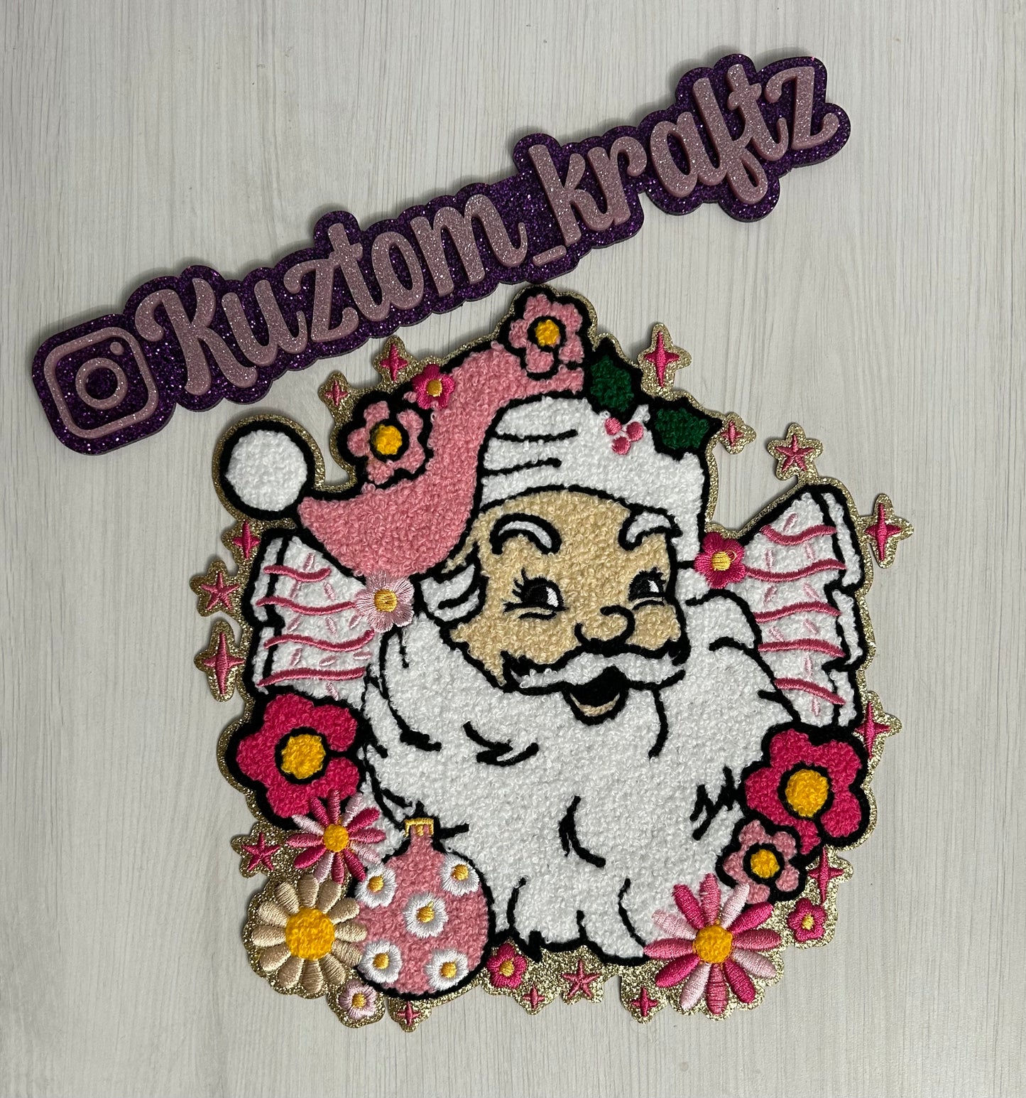 Festive pink Santa chenille patch